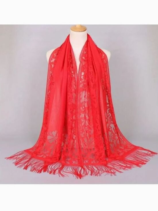 Accessories - Women's Red Floral Lace Scarf Shawl With Tassels